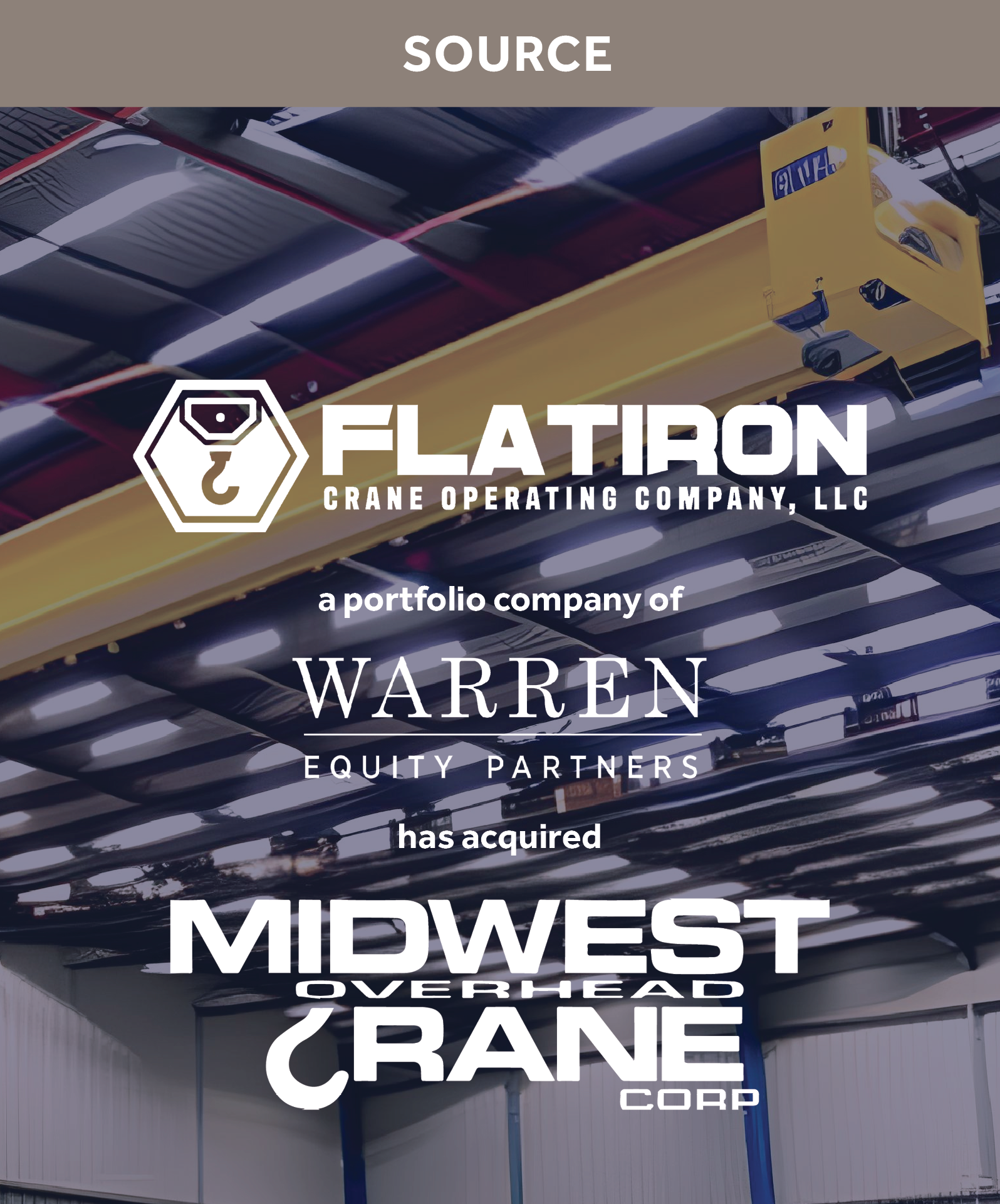 Overhead crane system with Flatiron Crane Company and Midwest Crane logos